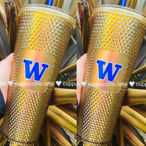 💜2 NEW💛Starbucks UW University of Washington 2022 Studded Bling Gold Cups - Picture 1 of 9